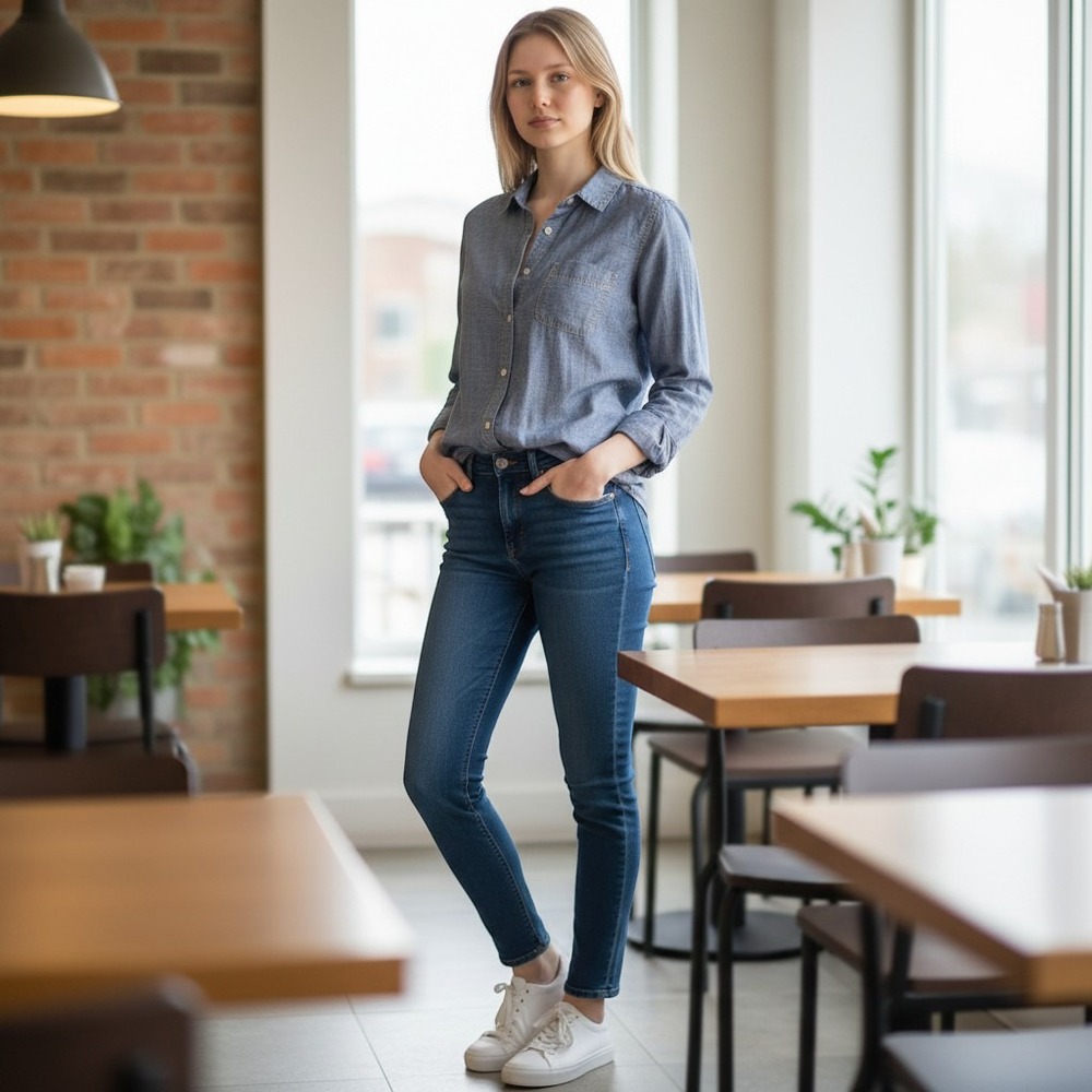 J.Jill Button Down Shirt Lagenlook L Blue Office Tencel Linen Chambray Top